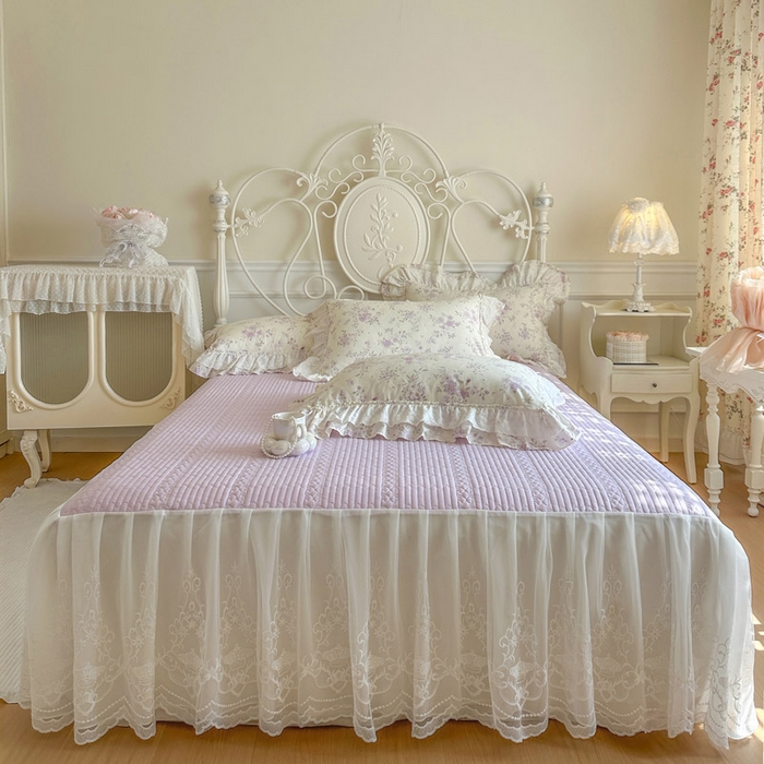 瑞宝 2026春夏新款全棉纯棉碎花AB印花单床裙 床裙单件 紫樱