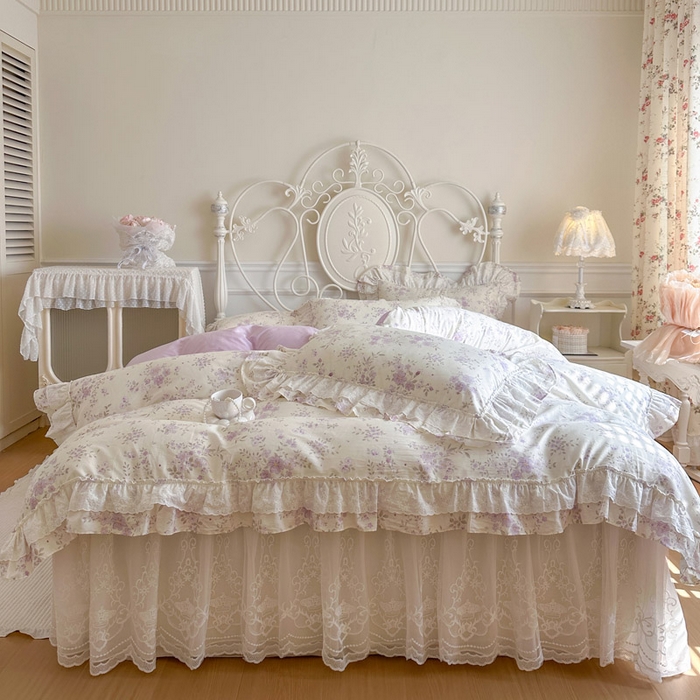 91家纺网 家纺一手货源 找家纺 瑞宝 2026春夏新款全棉纯棉碎花AB印花单床裙 床裙单件 紫樱