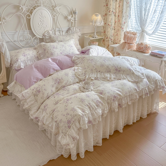 91家纺网 家纺一手货源 找家纺 瑞宝 2026春夏新款全棉纯棉碎花AB印花单床裙 床裙单件 紫樱