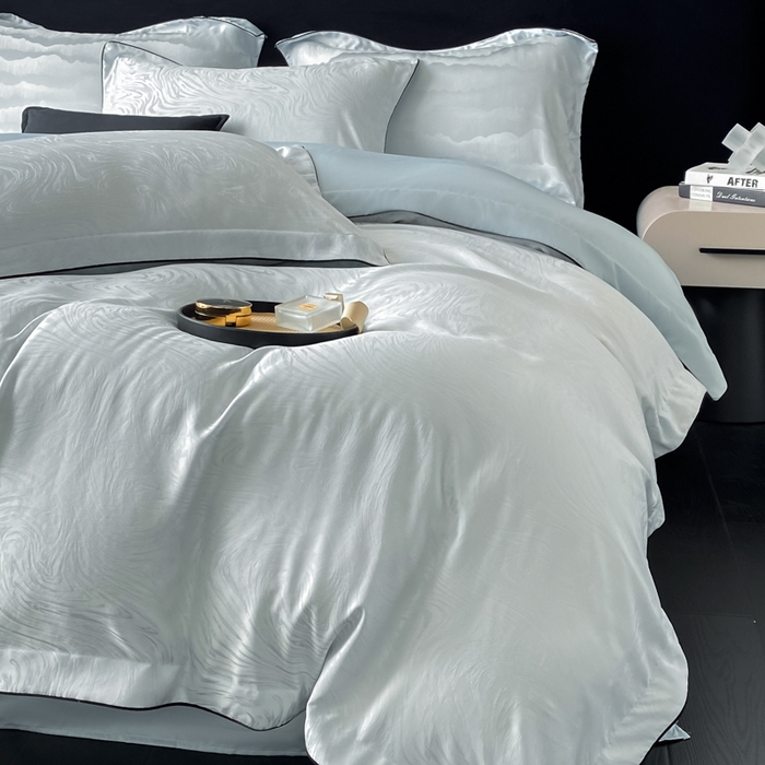 91家纺网 家纺一手货源 找家纺 爱彼家纺 2026新款轻奢水洗冰丝提花亲肤四件套 知夏碧海蓝