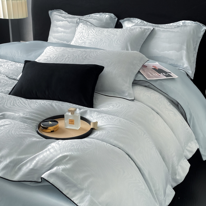 91家纺网 家纺一手货源 找家纺 爱彼家纺 2026新款轻奢水洗冰丝提花亲肤四件套 知夏碧海蓝