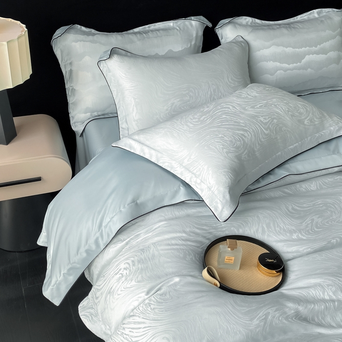 91家纺网 家纺一手货源 找家纺 爱彼家纺 2026新款轻奢水洗冰丝提花亲肤四件套 知夏碧海蓝