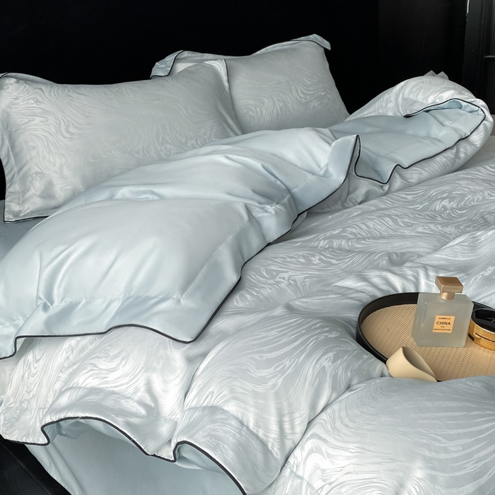 91家纺网 家纺一手货源 找家纺 爱彼家纺 2026新款轻奢水洗冰丝提花亲肤四件套 知夏碧海蓝