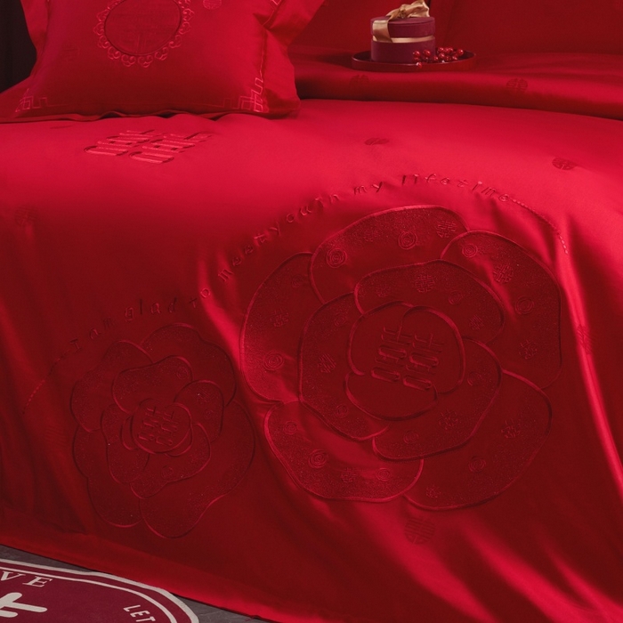 91家纺网 家纺一手货源 找家纺 蒂爵 2026年100支婚庆长绒棉纯棉时尚小红书爆款刺绣婚庆四件套多件套280系列 幸福约定红