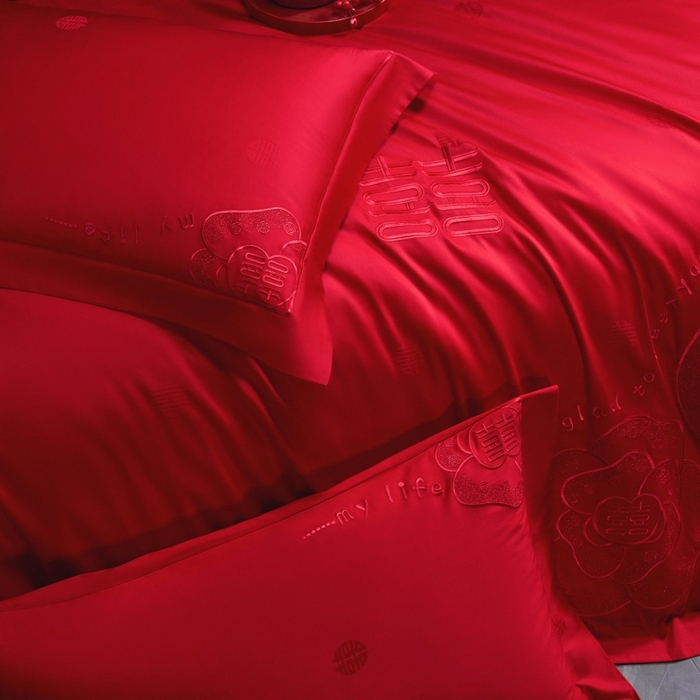 91家纺网 家纺一手货源 找家纺 蒂爵 2026年100支婚庆长绒棉纯棉时尚小红书爆款刺绣婚庆四件套多件套280系列 幸福约定红