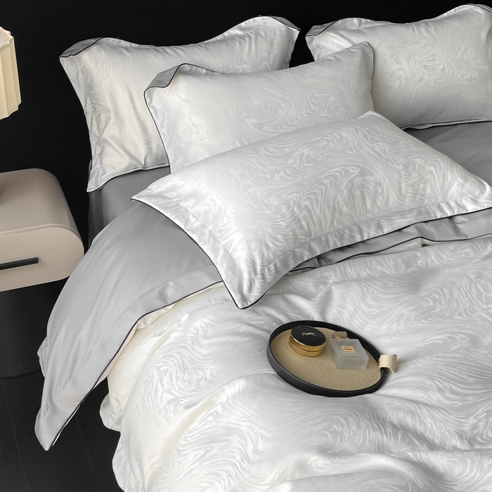 91家纺网 家纺一手货源 找家纺 爱彼家纺 2026新款轻奢水洗冰丝提花亲肤四件套 知夏珍珠白+灰