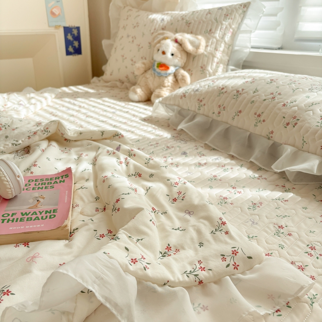 91家纺网 家纺一手货源 找家纺 慕尚家纺 2026新款床裙凉席夏被空调被夏凉被三件套四件套 床裙款 小兔碎花