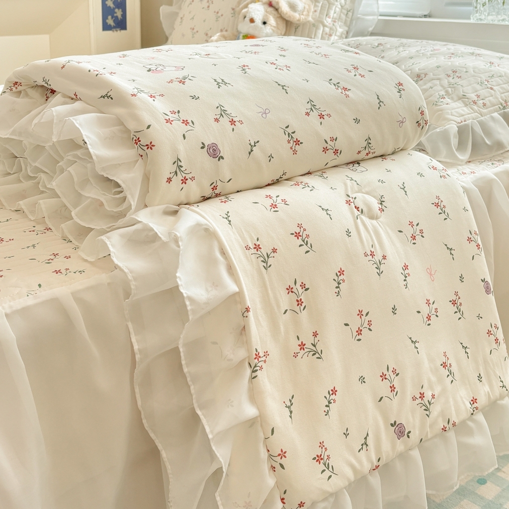 91家纺网 家纺一手货源 找家纺 慕尚家纺 2026新款床裙凉席夏被空调被夏凉被三件套四件套 床裙款 小兔碎花