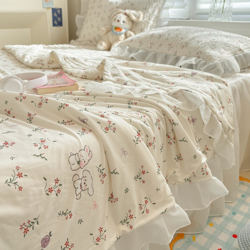 91家纺网 家纺一手货源 找家纺 慕尚家纺 2026新款床裙凉席夏被空调被夏凉被三件套四件套 床裙款 小兔碎花