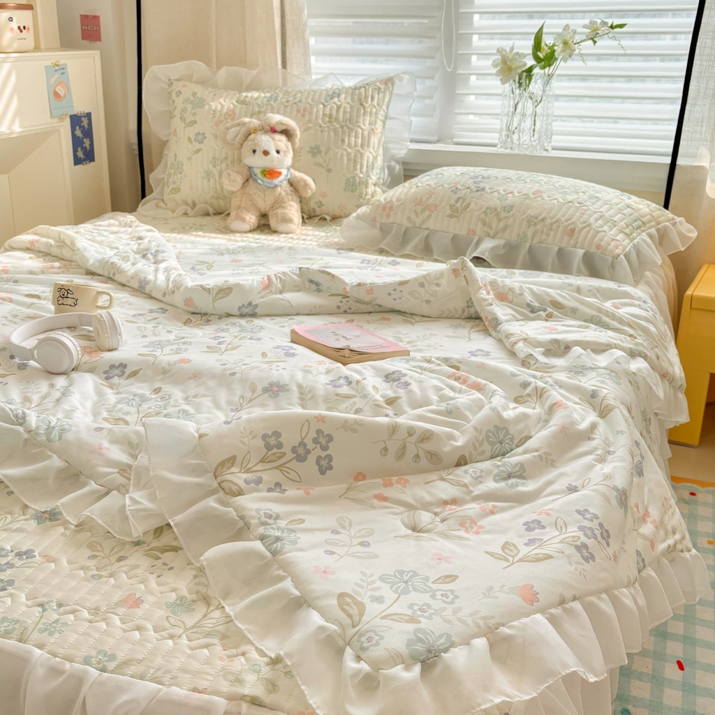 91家纺网 家纺一手货源 找家纺 慕尚家纺 2026新款床裙凉席夏被空调被夏凉被三件套四件套 床裙款 花香