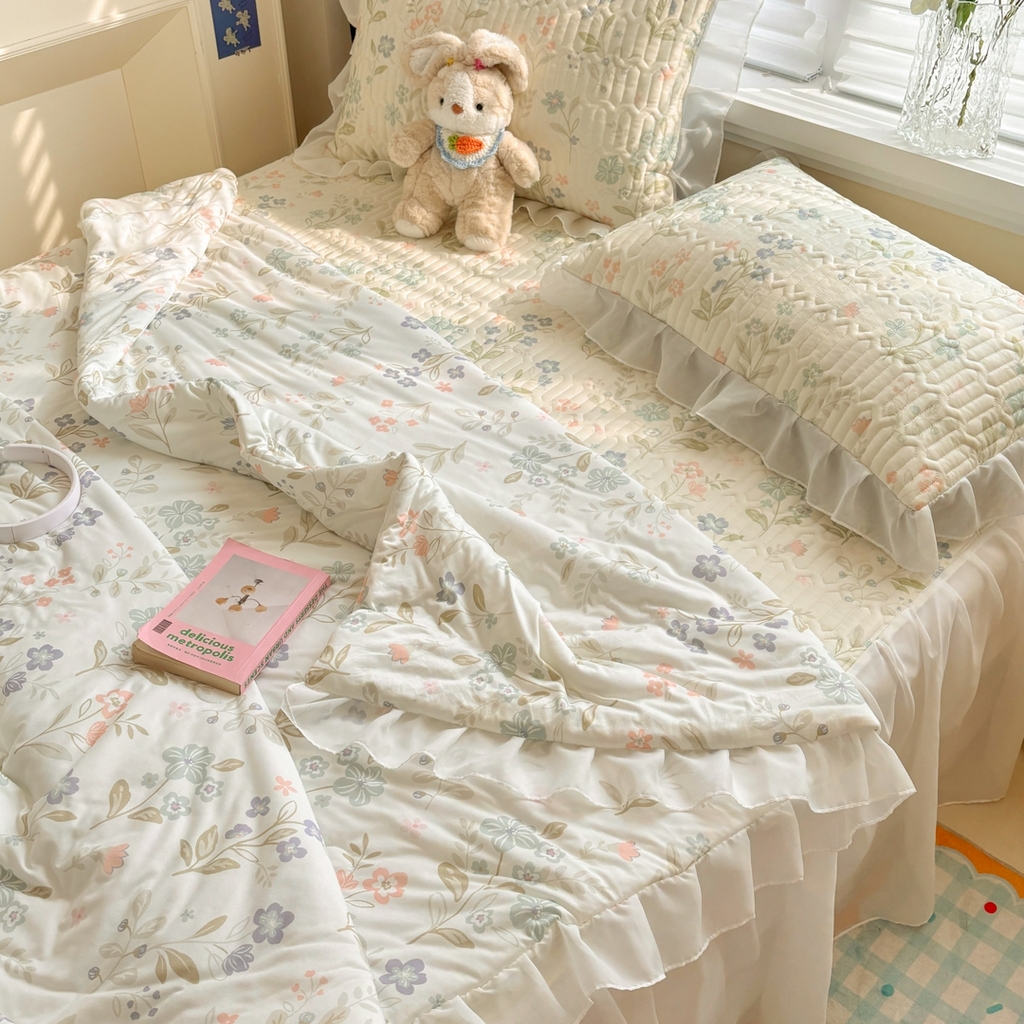 91家纺网 家纺一手货源 找家纺 慕尚家纺 2026新款床裙凉席夏被空调被夏凉被三件套四件套 床裙款 花香