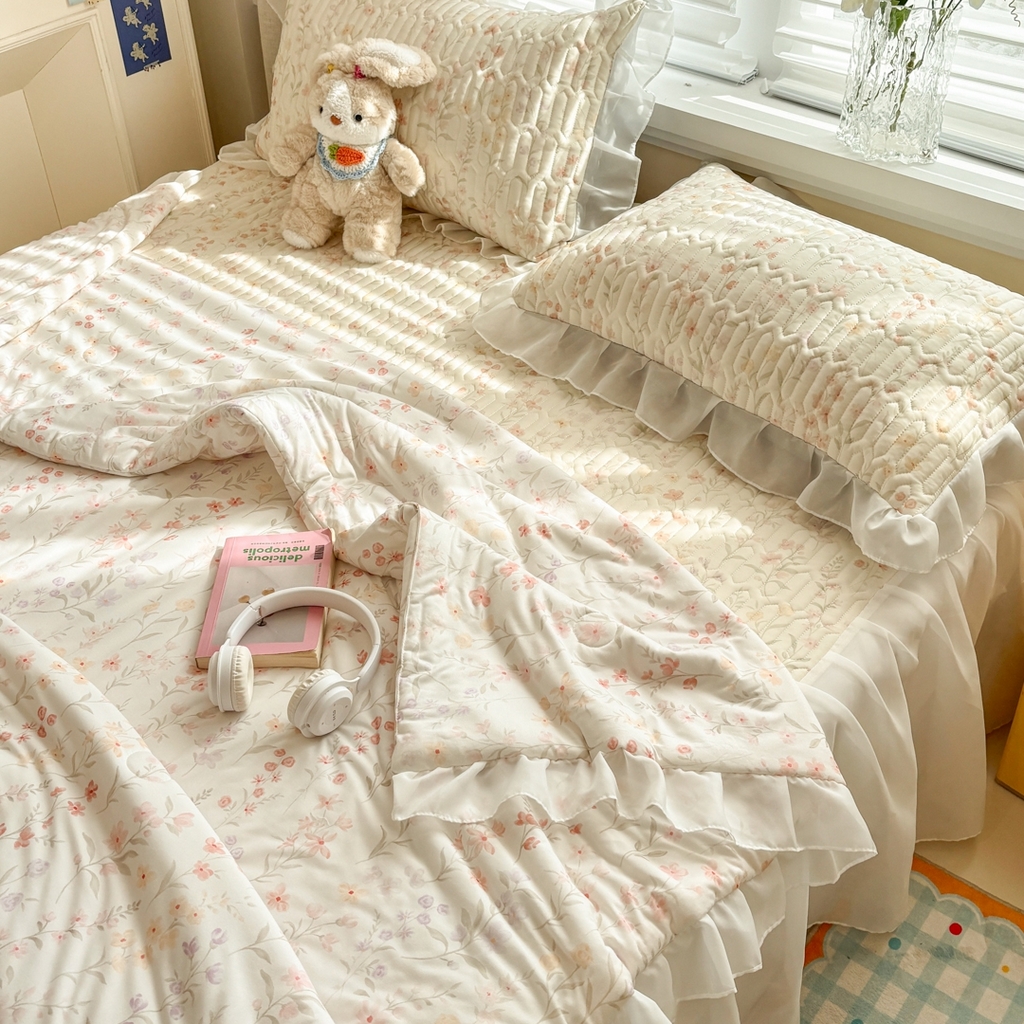 91家纺网 家纺一手货源 找家纺 慕尚家纺 2026新款床裙凉席夏被空调被夏凉被三件套四件套 床裙款 明媚