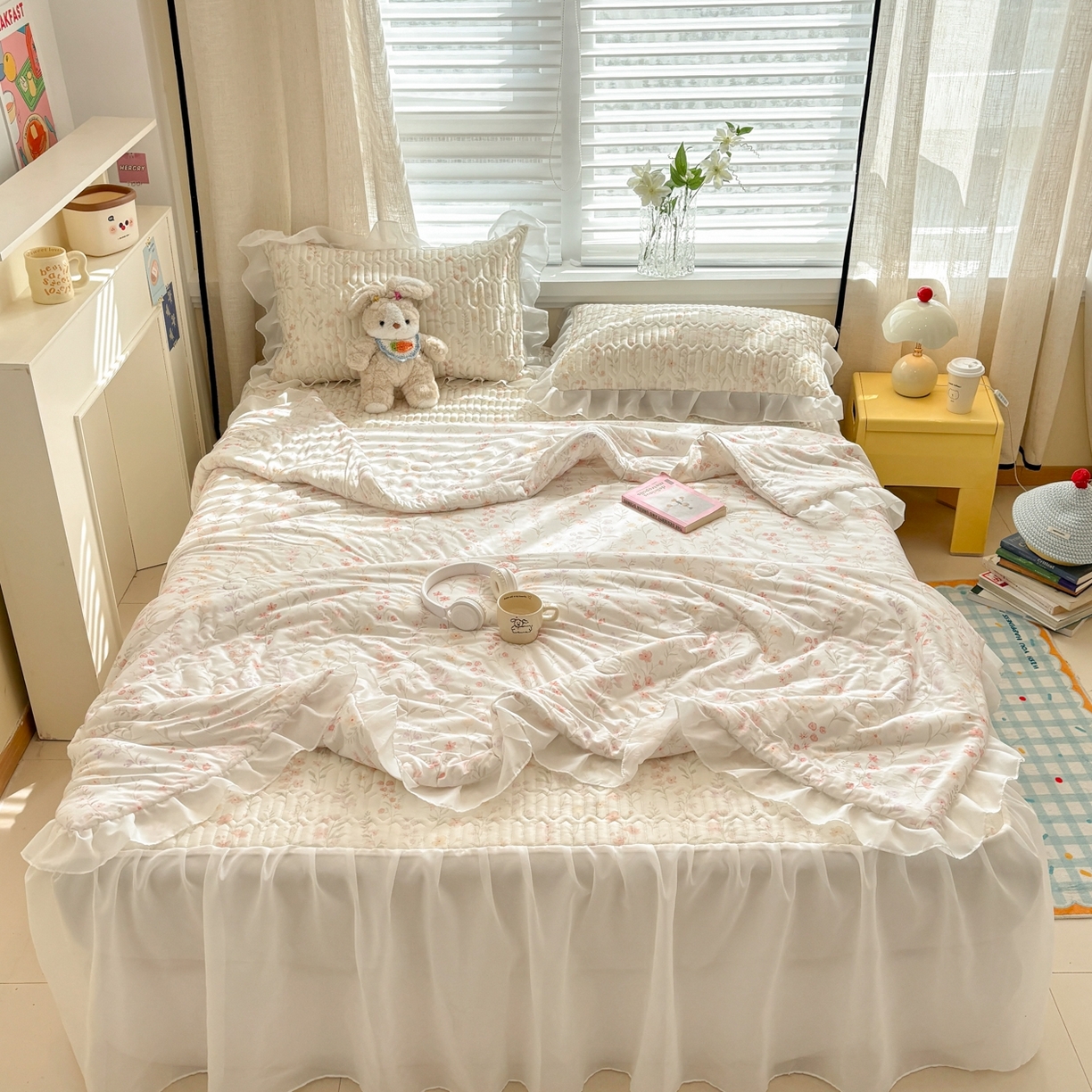 91家纺网 家纺一手货源 找家纺 慕尚家纺 2026新款床裙凉席夏被空调被夏凉被三件套四件套 床裙款 明媚