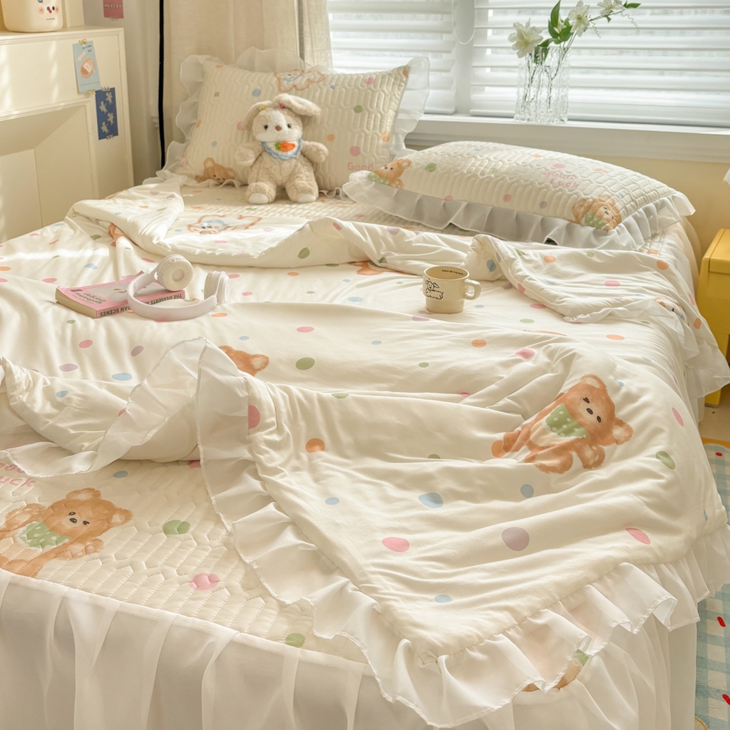 91家纺网 家纺一手货源 找家纺 慕尚家纺 2026新款床裙凉席夏被空调被夏凉被三件套四件套 床裙款 甜心熊