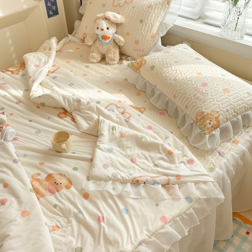 91家纺网 家纺一手货源 找家纺 慕尚家纺 2026新款床裙凉席夏被空调被夏凉被三件套四件套 床裙款 甜心熊