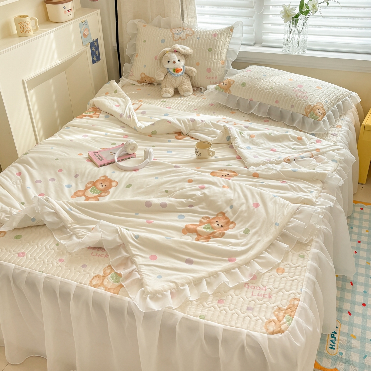 91家纺网 家纺一手货源 找家纺 慕尚家纺 2026新款床裙凉席夏被空调被夏凉被三件套四件套 床裙款 甜心熊