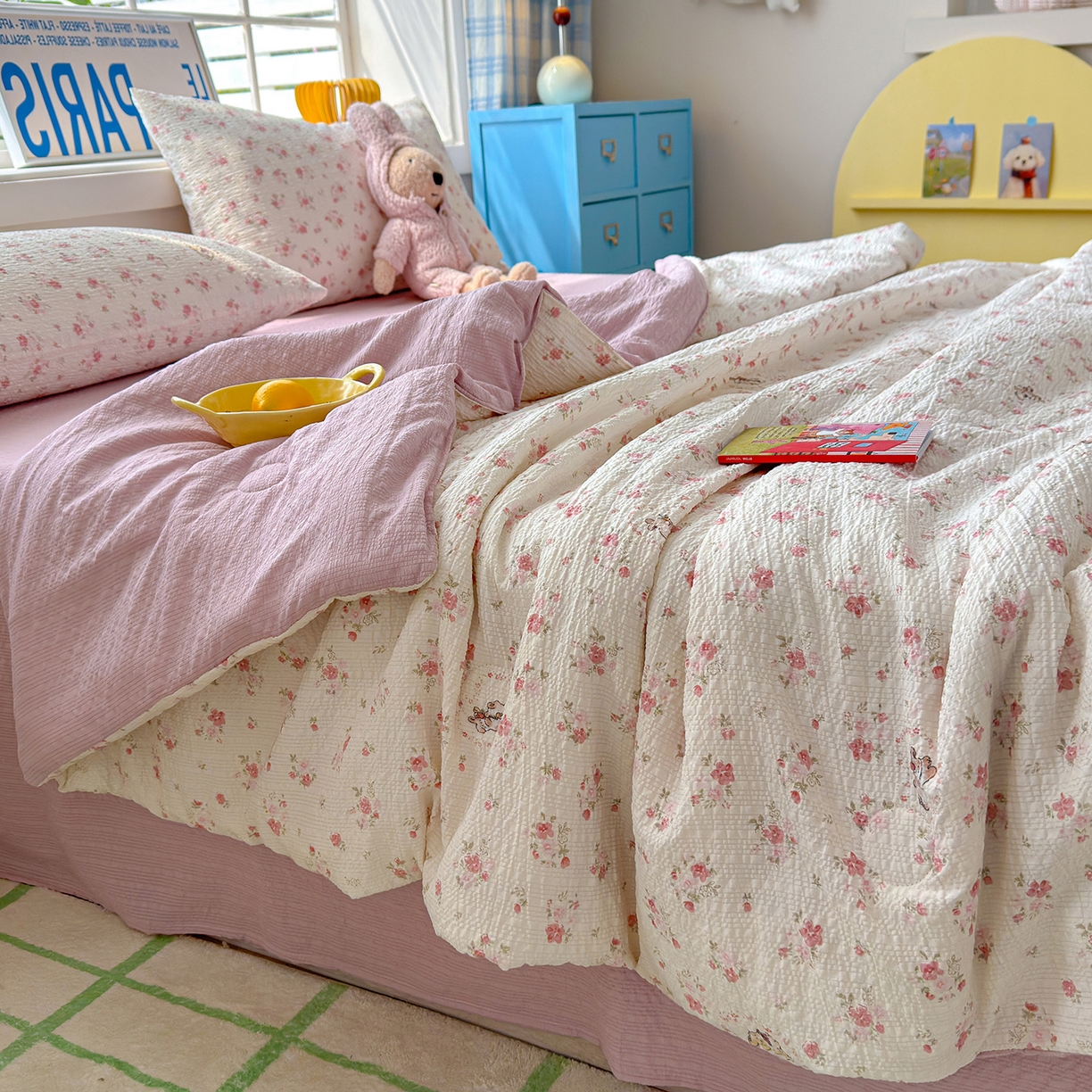 91家纺网 家纺一手货源 找家纺 （总）晚爱 2026新款泡芙棉双层纱夏被四件套小清新泡泡纱夏被四件套