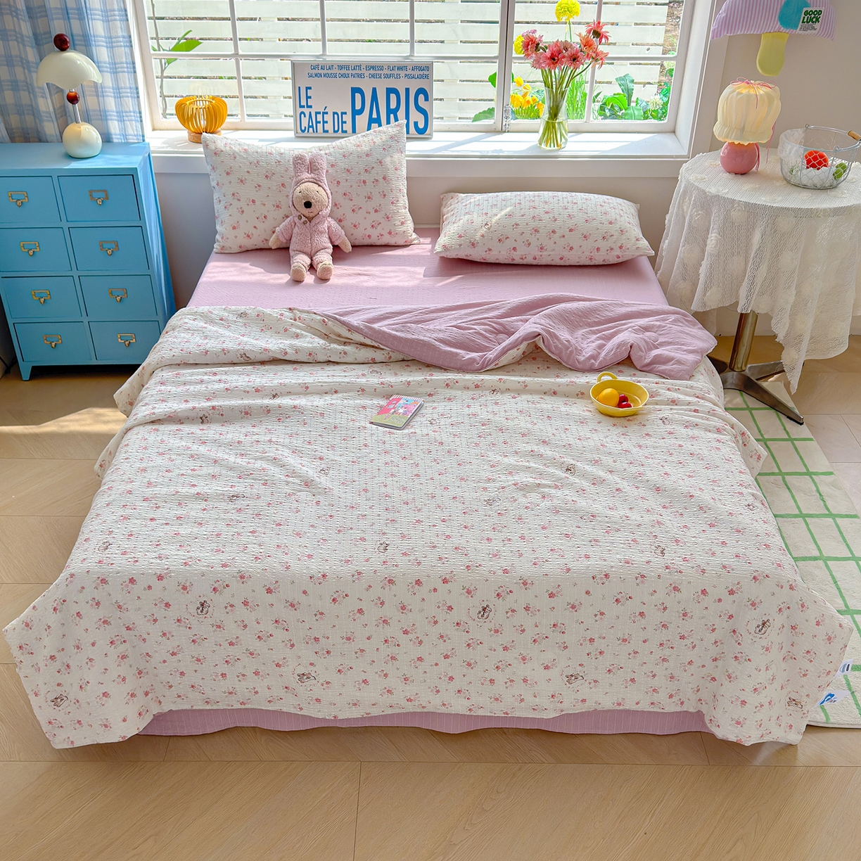 91家纺网 家纺一手货源 找家纺 （总）晚爱 2026新款泡芙棉双层纱夏被四件套小清新泡泡纱夏被四件套