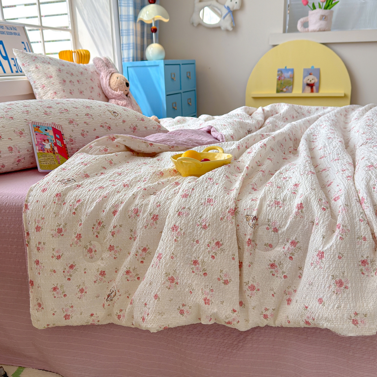 91家纺网 家纺一手货源 找家纺 （总）晚爱 2026新款泡芙棉双层纱夏被四件套小清新泡泡纱夏被四件套