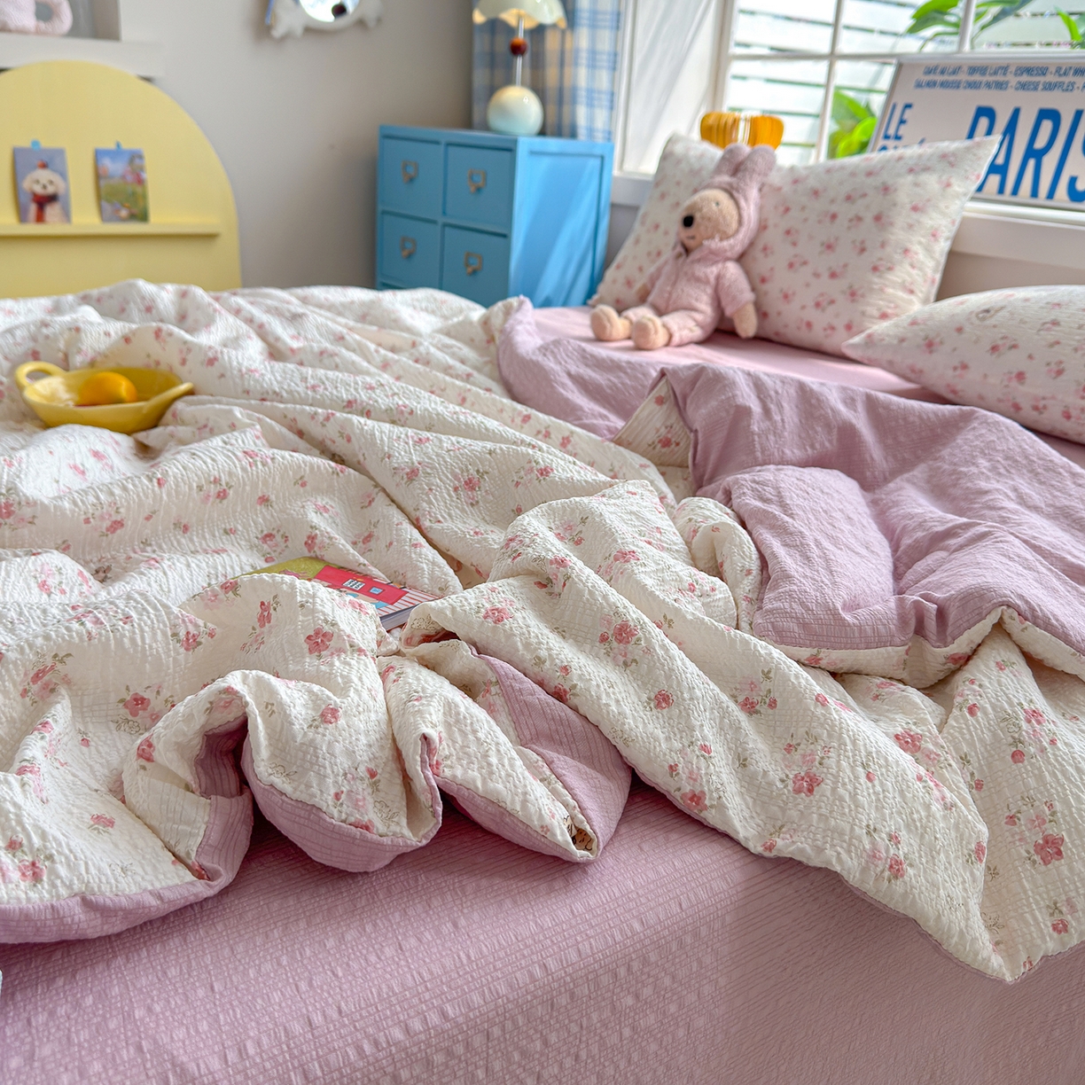 91家纺网 家纺一手货源 找家纺 （总）晚爱 2026新款泡芙棉双层纱夏被四件套小清新泡泡纱夏被四件套