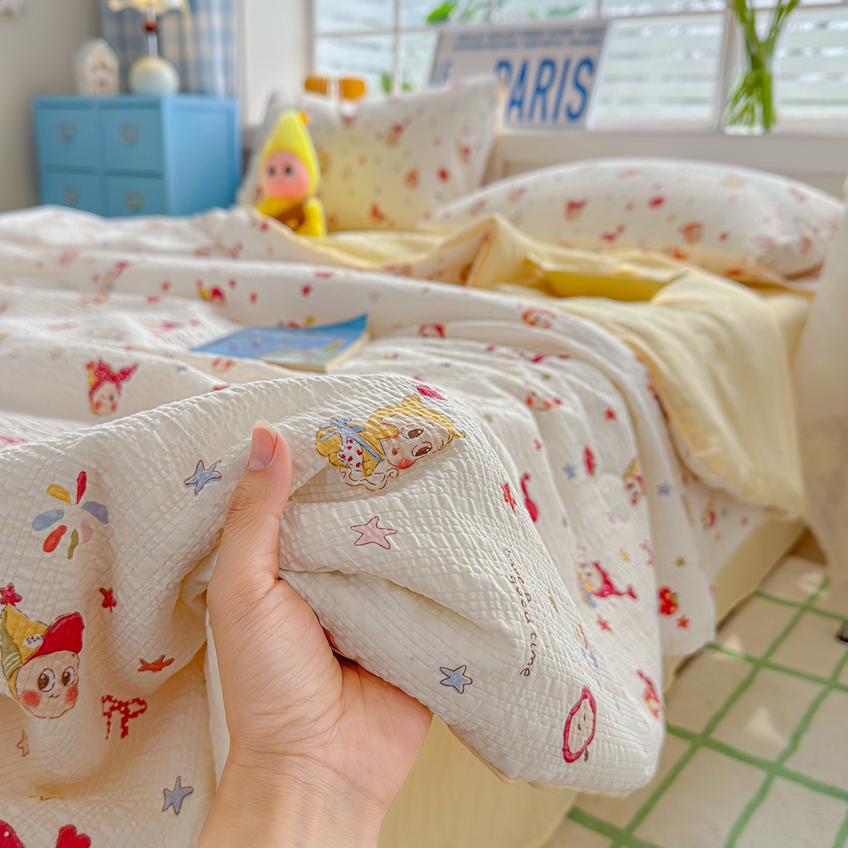 91家纺网 家纺一手货源 找家纺 晚爱 2026新款泡芙棉双层纱夏被四件套小清新泡泡纱夏被四件套 1软萌星