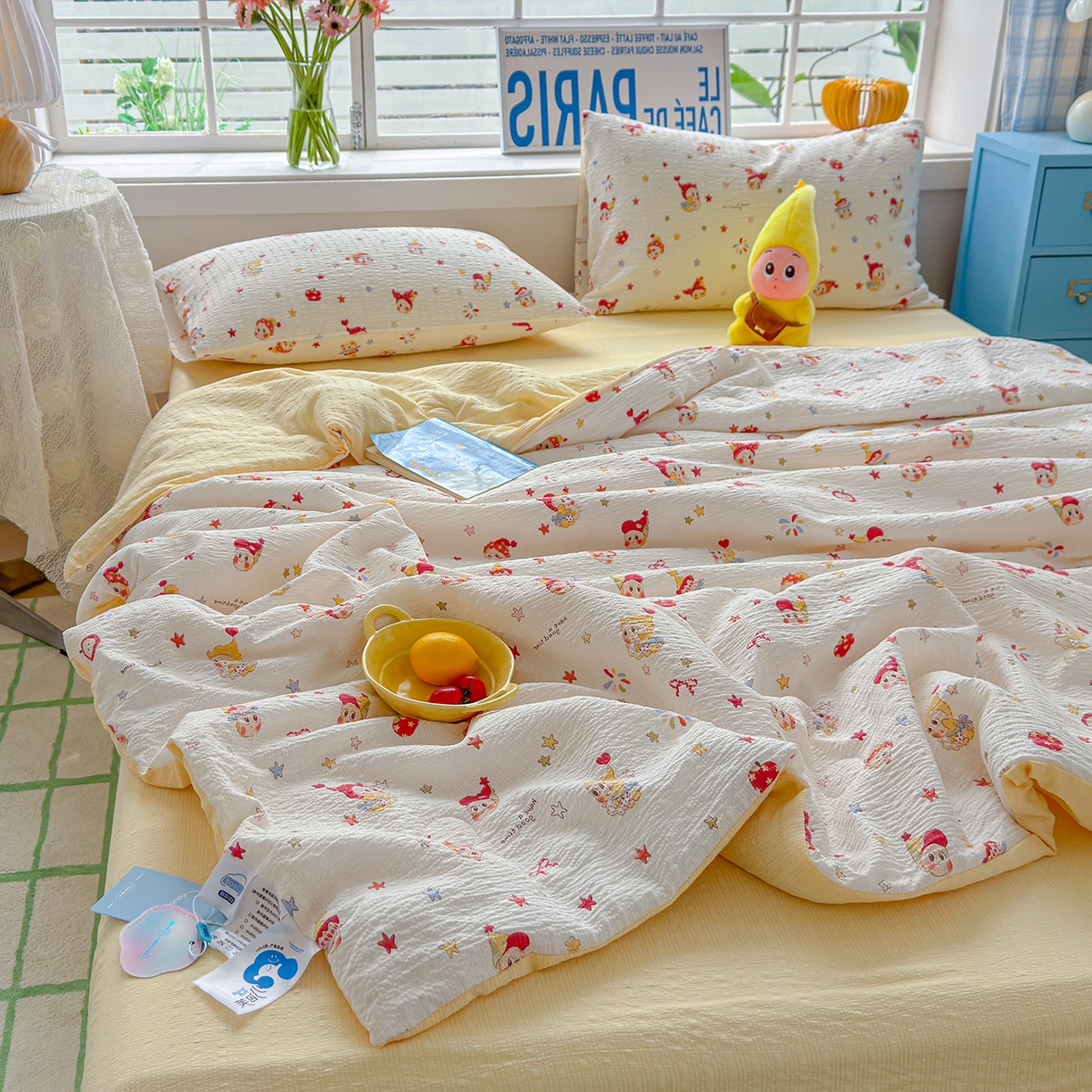 91家纺网 家纺一手货源 找家纺 晚爱 2026新款泡芙棉双层纱夏被四件套小清新泡泡纱夏被四件套 1软萌星