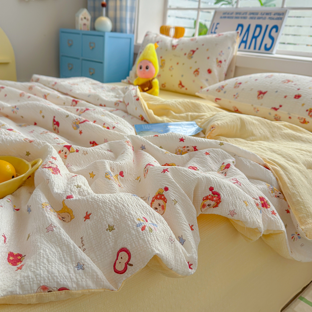 91家纺网 家纺一手货源 找家纺 晚爱 2026新款泡芙棉双层纱夏被四件套小清新泡泡纱夏被四件套 1软萌星