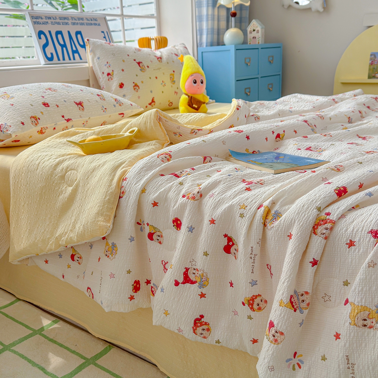 91家纺网 家纺一手货源 找家纺 晚爱 2026新款泡芙棉双层纱夏被四件套小清新泡泡纱夏被四件套 1软萌星