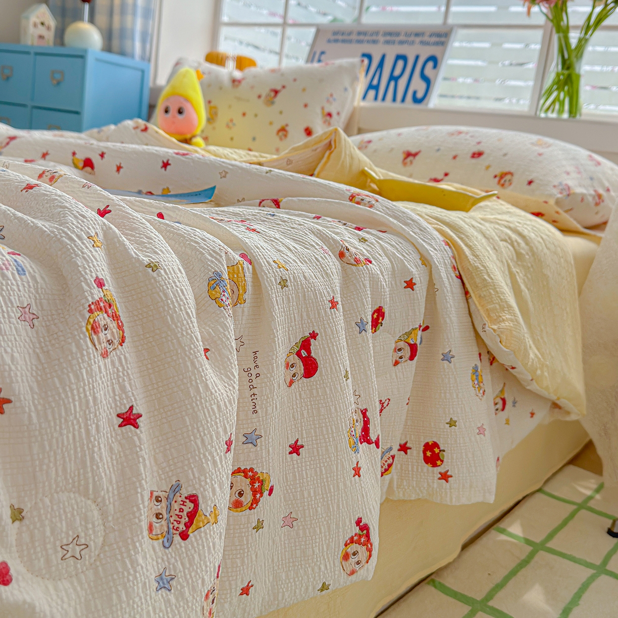 91家纺网 家纺一手货源 找家纺 晚爱 2026新款泡芙棉双层纱夏被四件套小清新泡泡纱夏被四件套 1软萌星