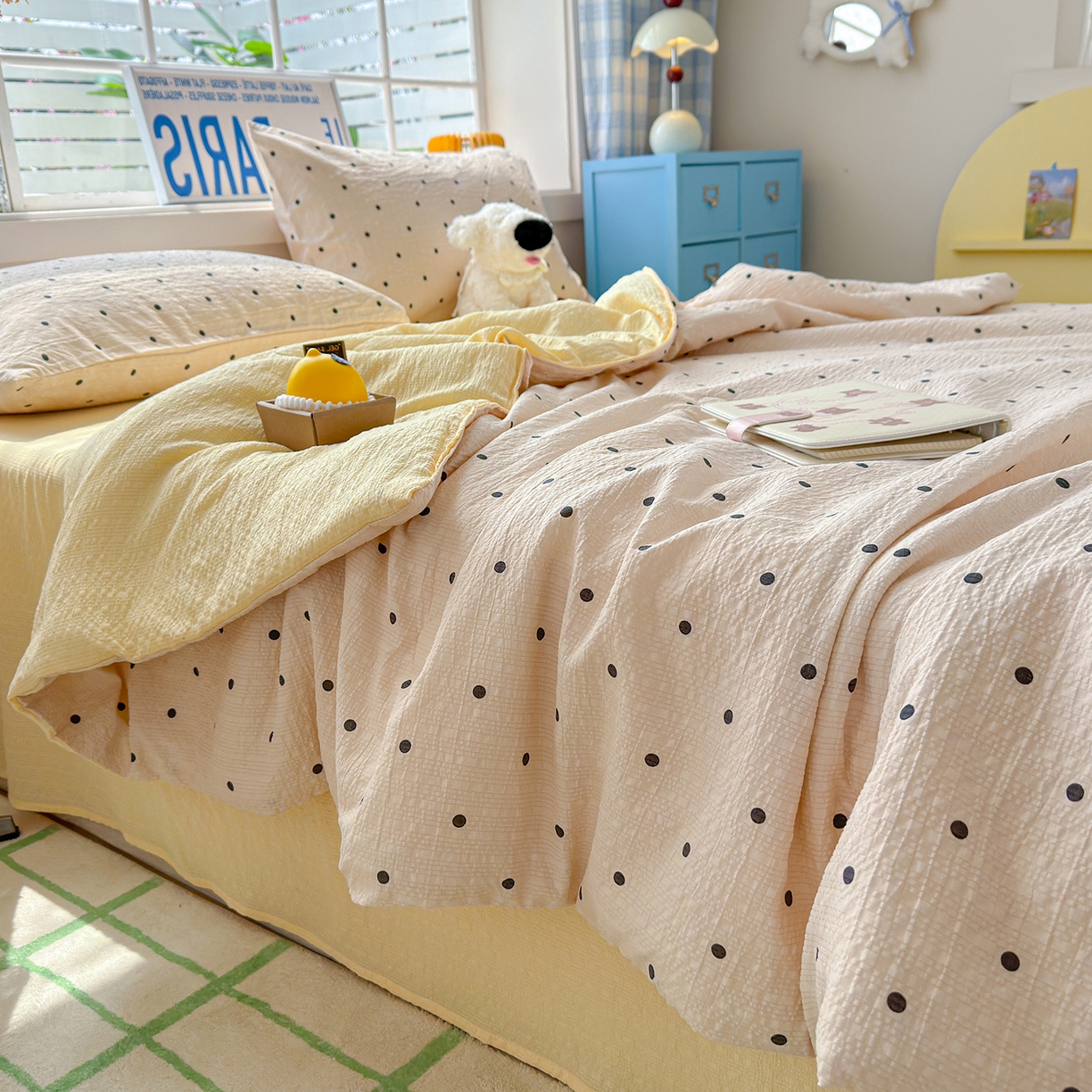 91家纺网 家纺一手货源 找家纺 晚爱 2026新款泡芙棉双层纱夏被四件套小清新泡泡纱夏被四件套 3珍珠奶茶