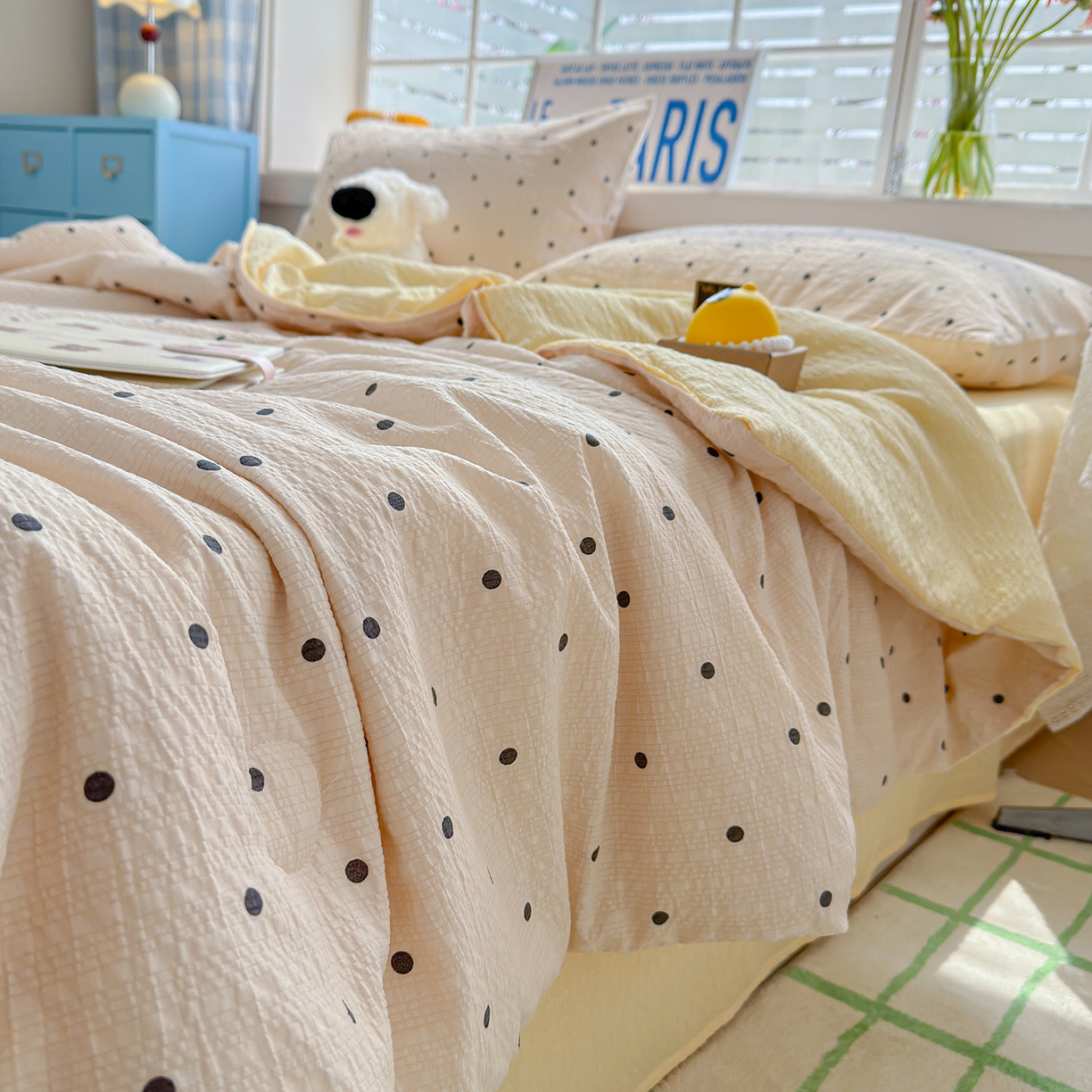 91家纺网 家纺一手货源 找家纺 晚爱 2026新款泡芙棉双层纱夏被四件套小清新泡泡纱夏被四件套 3珍珠奶茶