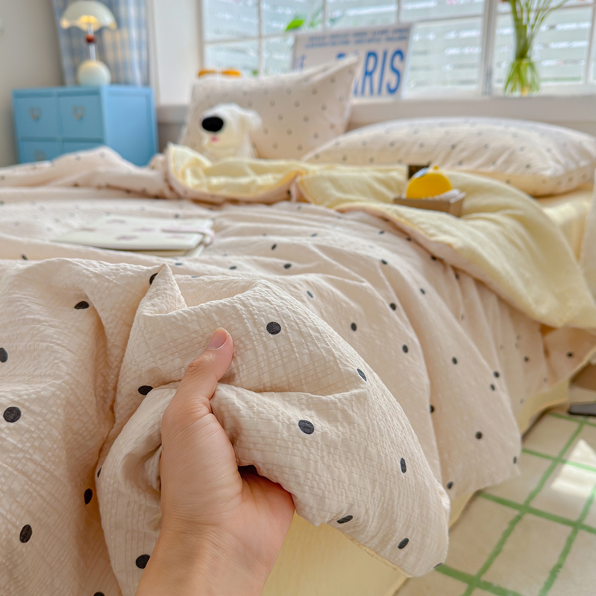 91家纺网 家纺一手货源 找家纺 晚爱 2026新款泡芙棉双层纱夏被四件套小清新泡泡纱夏被四件套 3珍珠奶茶