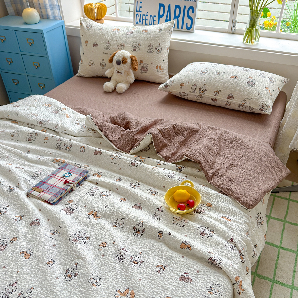 91家纺网 家纺一手货源 找家纺 晚爱 2026新款泡芙棉双层纱夏被四件套小清新泡泡纱夏被四件套 5喵星人