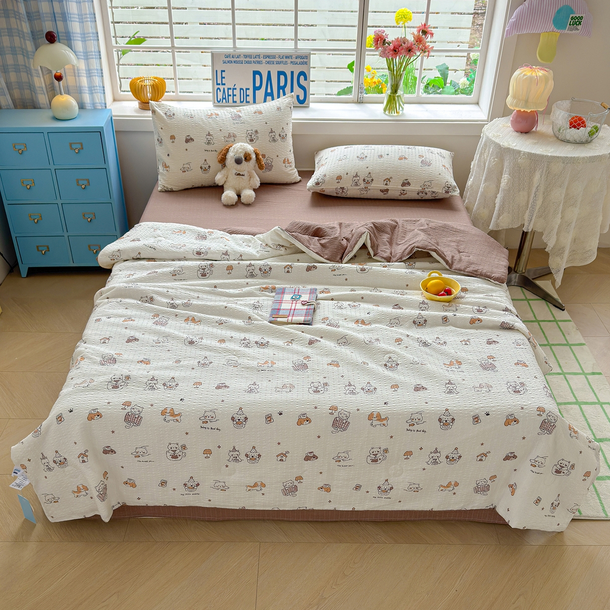 91家纺网 家纺一手货源 找家纺 晚爱 2026新款泡芙棉双层纱夏被四件套小清新泡泡纱夏被四件套 5喵星人