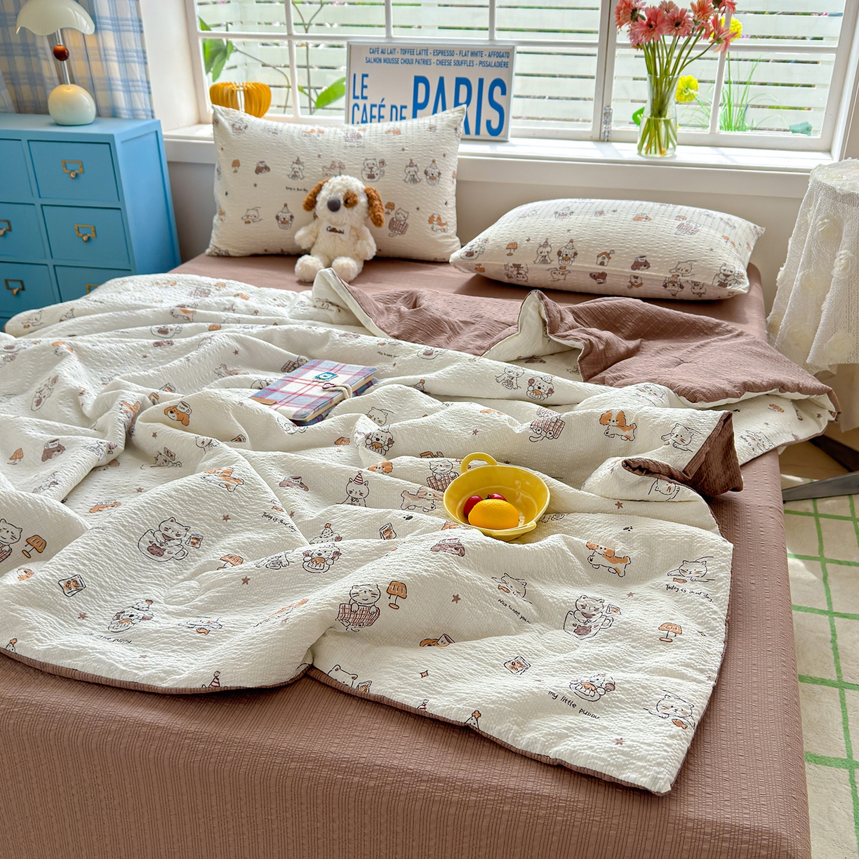 91家纺网 家纺一手货源 找家纺 晚爱 2026新款泡芙棉双层纱夏被四件套小清新泡泡纱夏被四件套 5喵星人