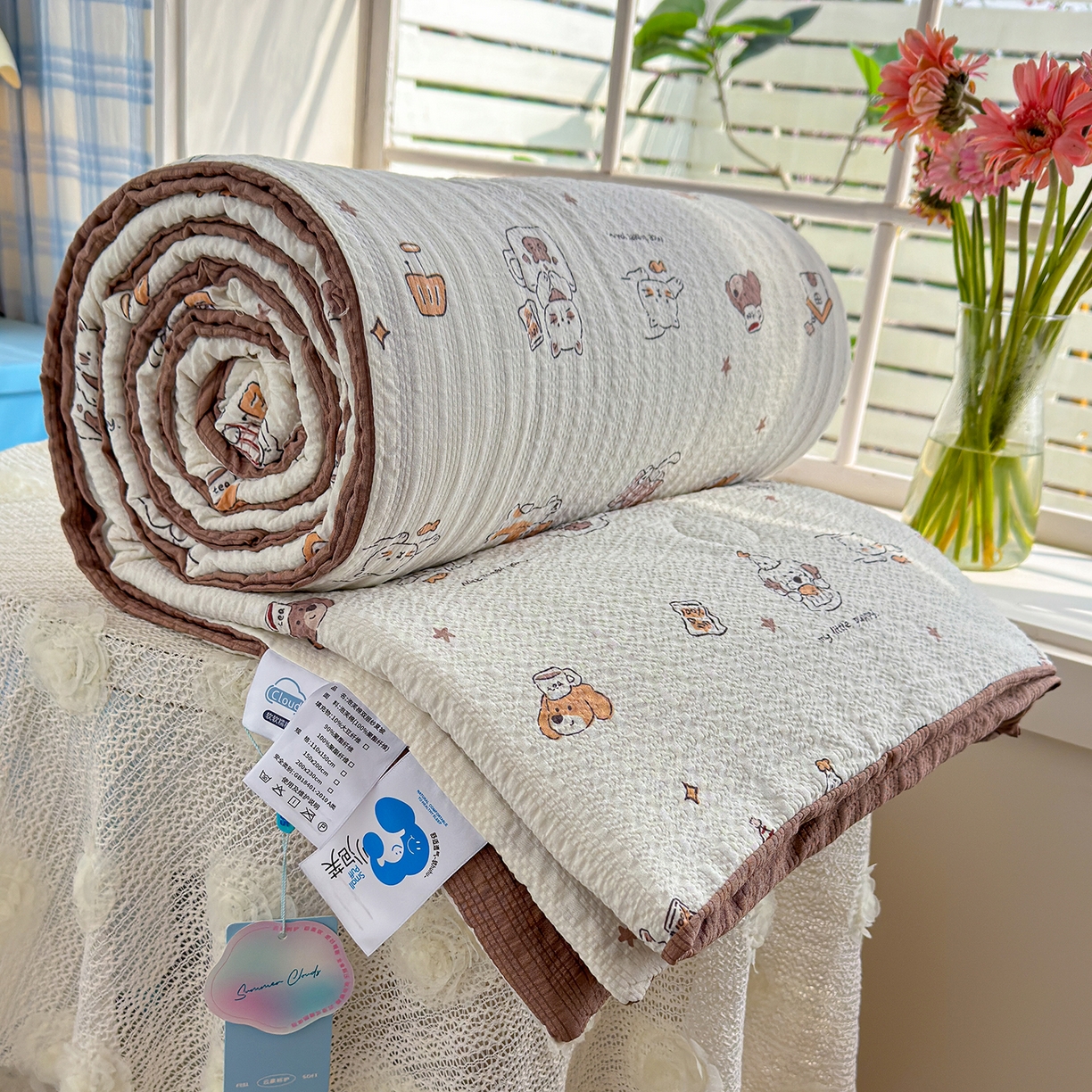 91家纺网 家纺一手货源 找家纺 晚爱 2026新款泡芙棉双层纱夏被四件套小清新泡泡纱夏被四件套 5喵星人