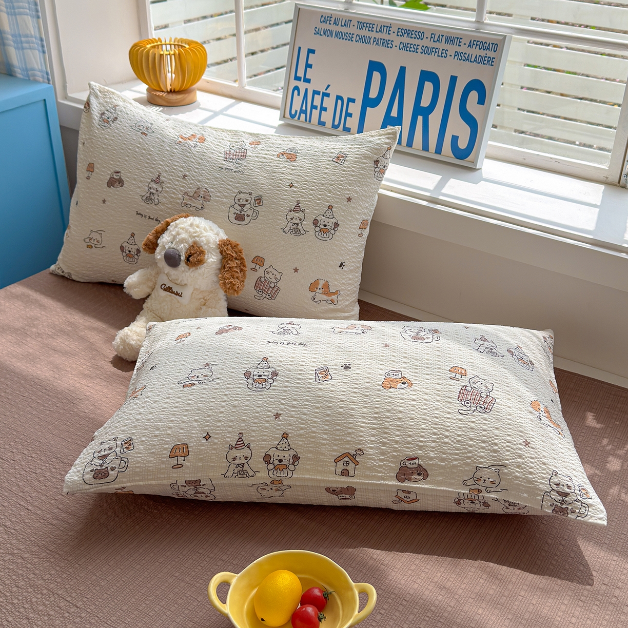 91家纺网 家纺一手货源 找家纺 晚爱 2026新款泡芙棉双层纱夏被四件套小清新泡泡纱夏被四件套 5喵星人