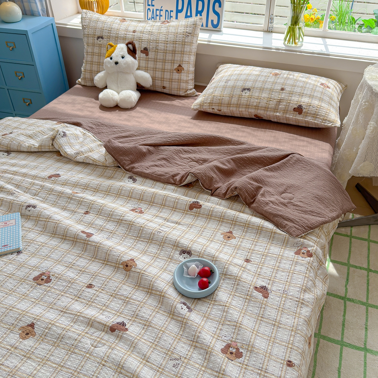 91家纺网 家纺一手货源 找家纺 晚爱 2026新款泡芙棉双层纱夏被四件套小清新泡泡纱夏被四件套 6格纹狗