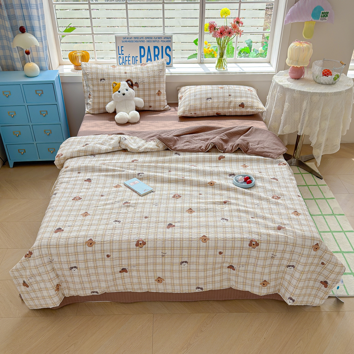 91家纺网 家纺一手货源 找家纺 晚爱 2026新款泡芙棉双层纱夏被四件套小清新泡泡纱夏被四件套 6格纹狗