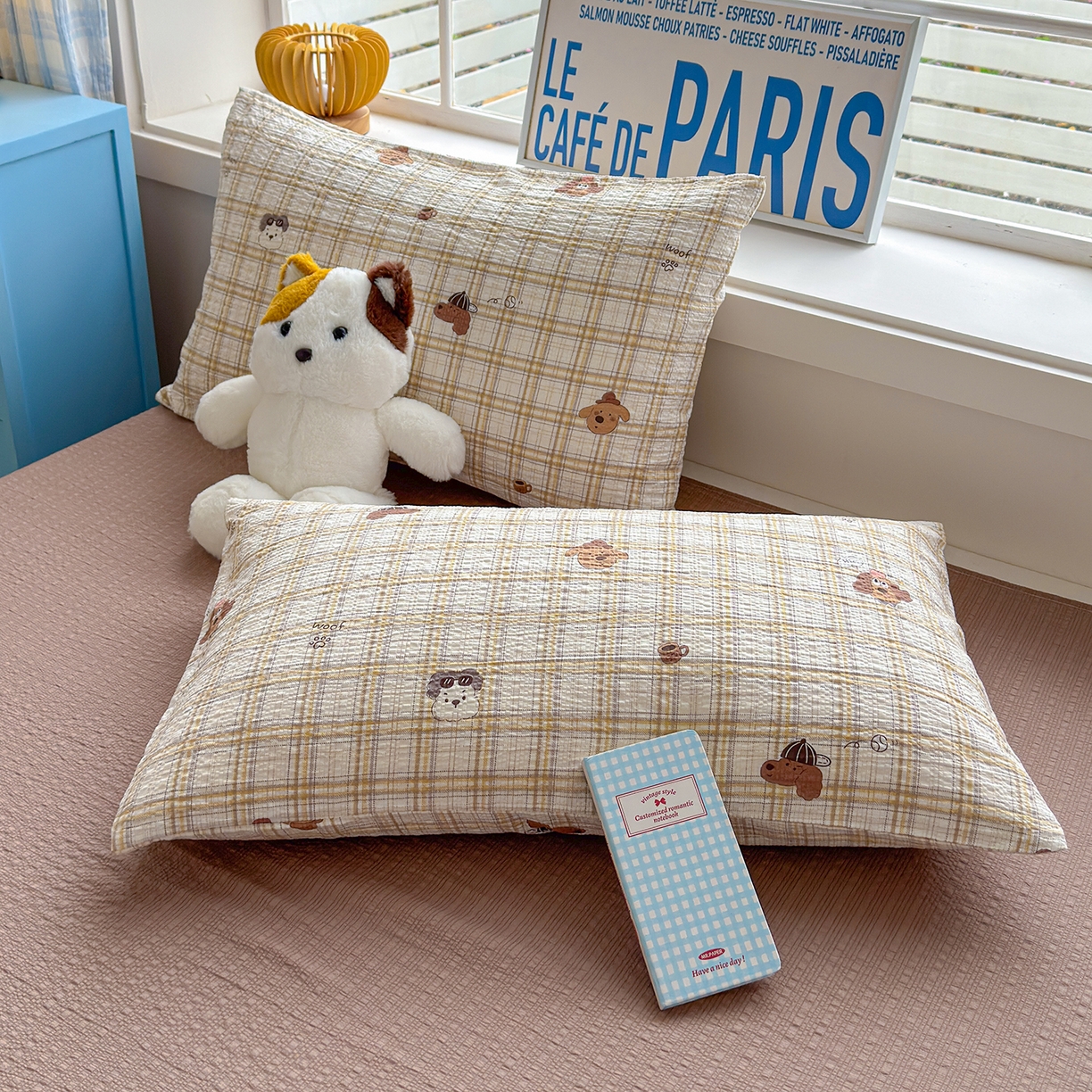 91家纺网 家纺一手货源 找家纺 晚爱 2026新款泡芙棉双层纱夏被四件套小清新泡泡纱夏被四件套 6格纹狗