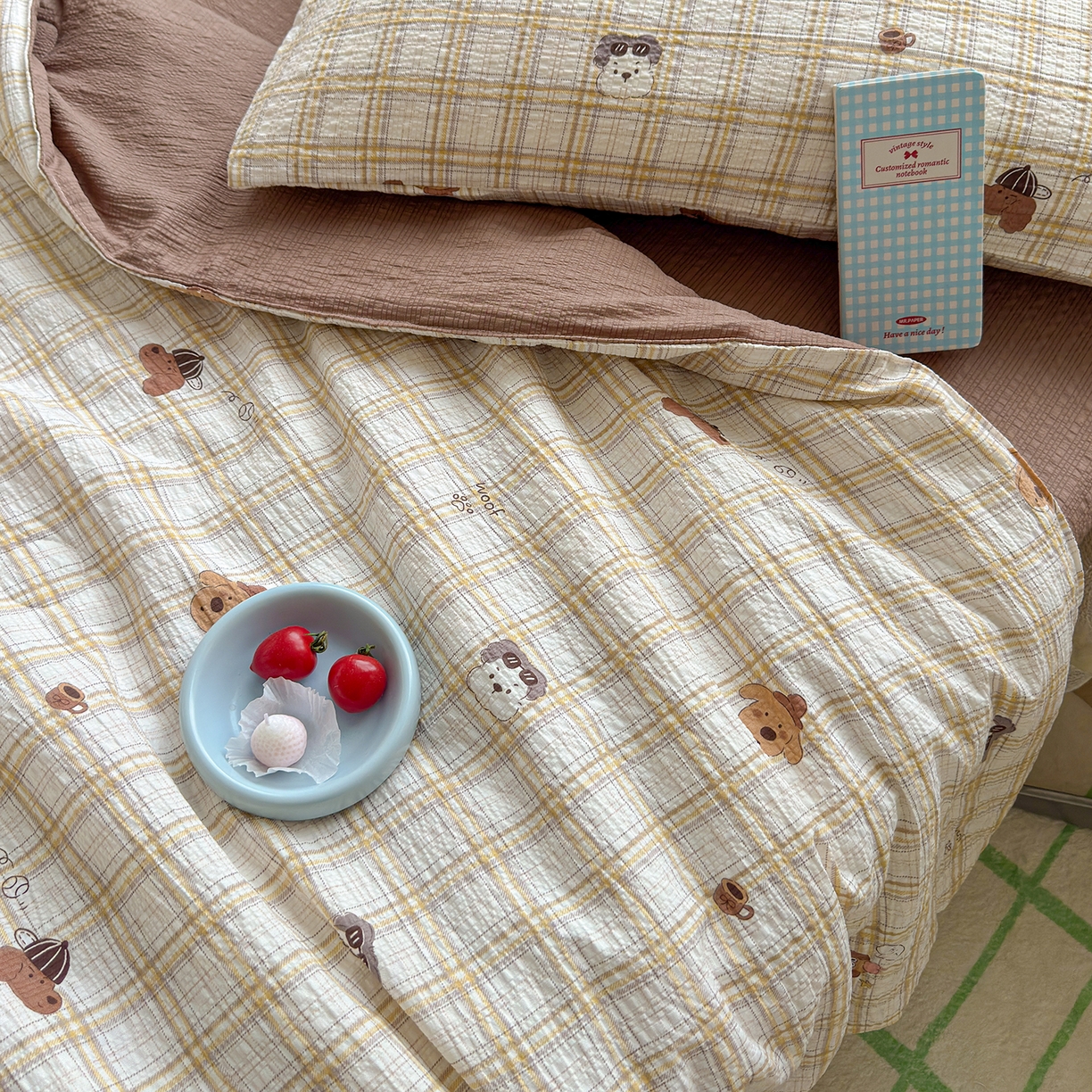 91家纺网 家纺一手货源 找家纺 晚爱 2026新款泡芙棉双层纱夏被四件套小清新泡泡纱夏被四件套 6格纹狗