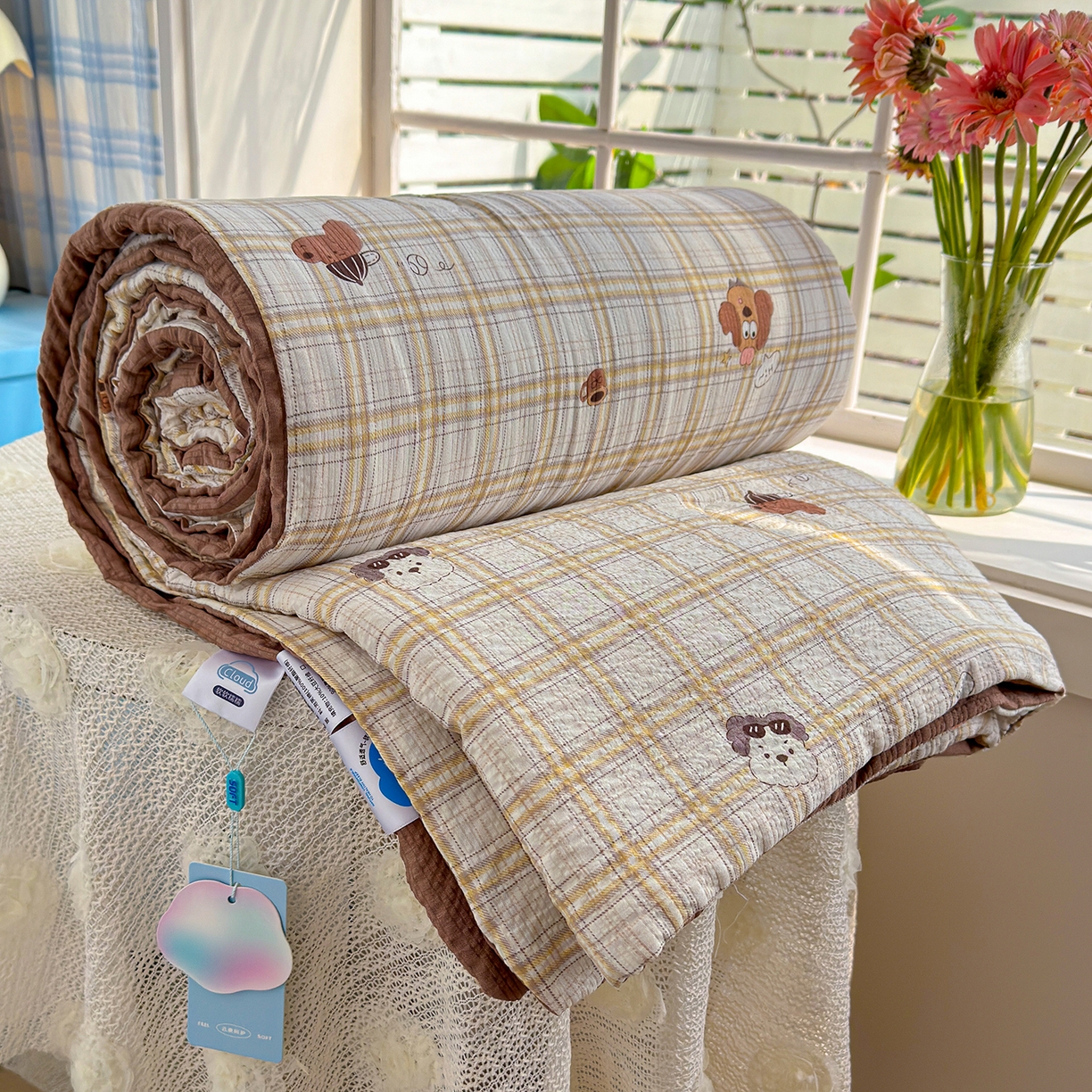 91家纺网 家纺一手货源 找家纺 晚爱 2026新款泡芙棉双层纱夏被四件套小清新泡泡纱夏被四件套 6格纹狗