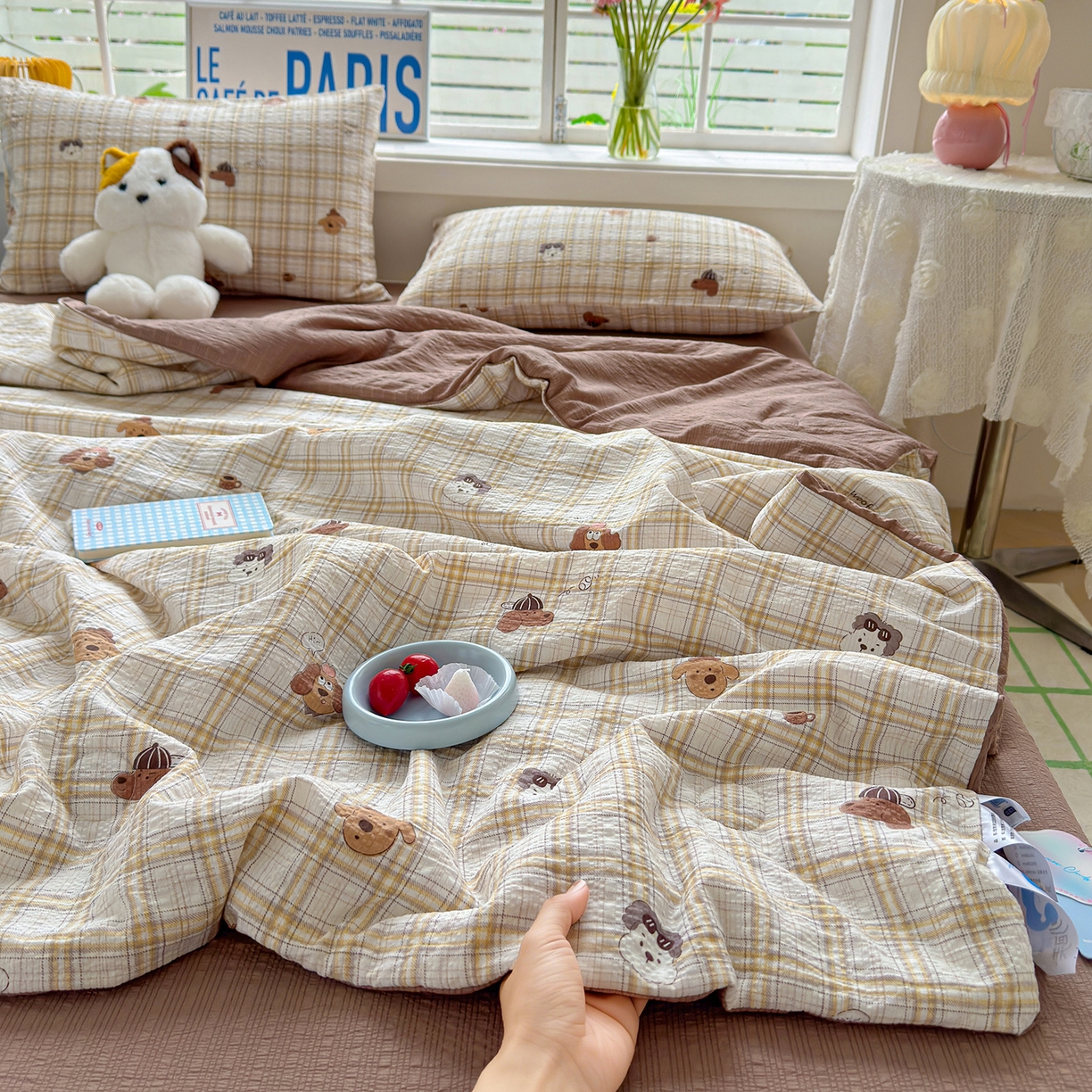 晚爱 2026新款泡芙棉双层纱夏被四件套小清新泡泡纱夏被四件套 6格纹狗