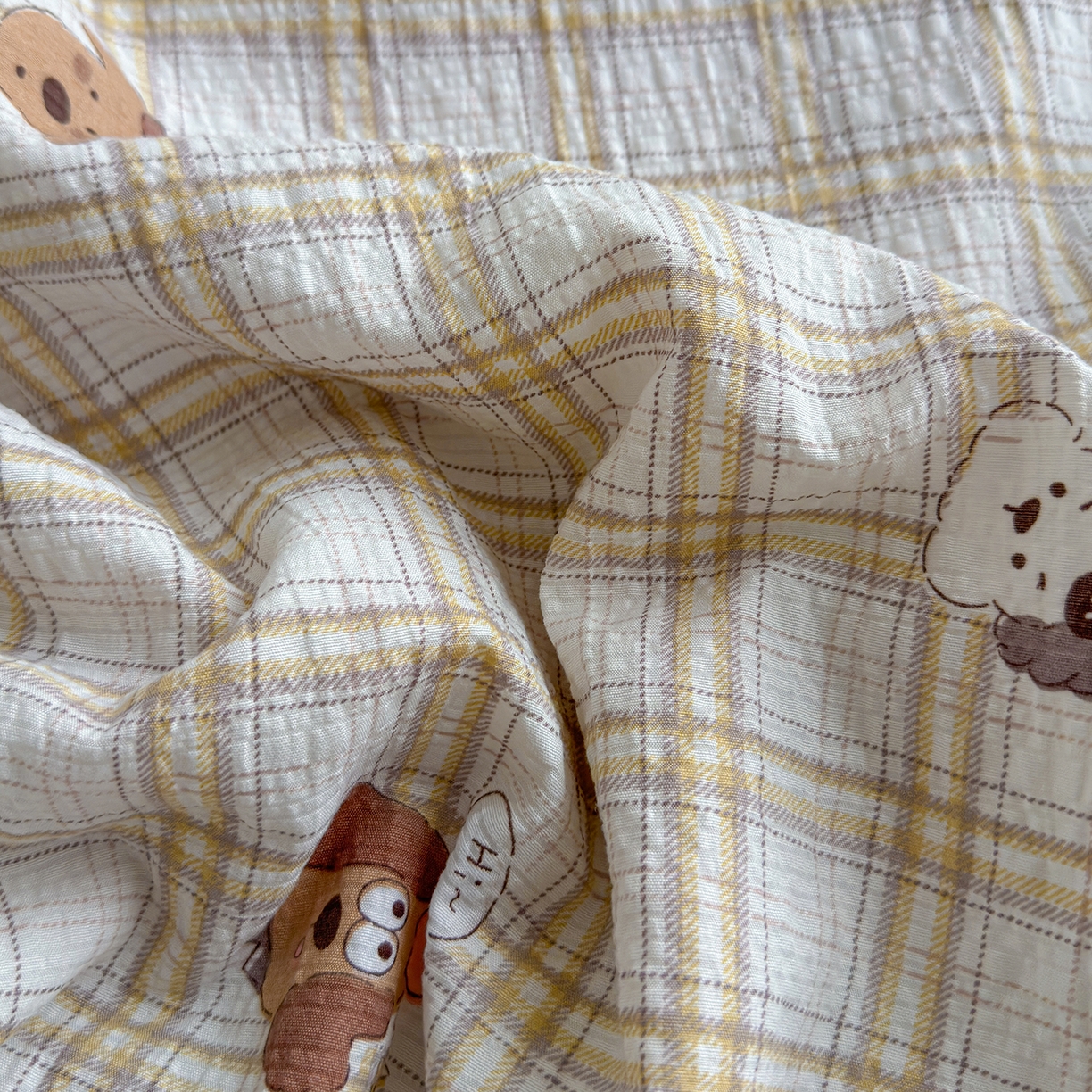 91家纺网 家纺一手货源 找家纺 晚爱 2026新款泡芙棉双层纱夏被四件套小清新泡泡纱夏被四件套 6格纹狗