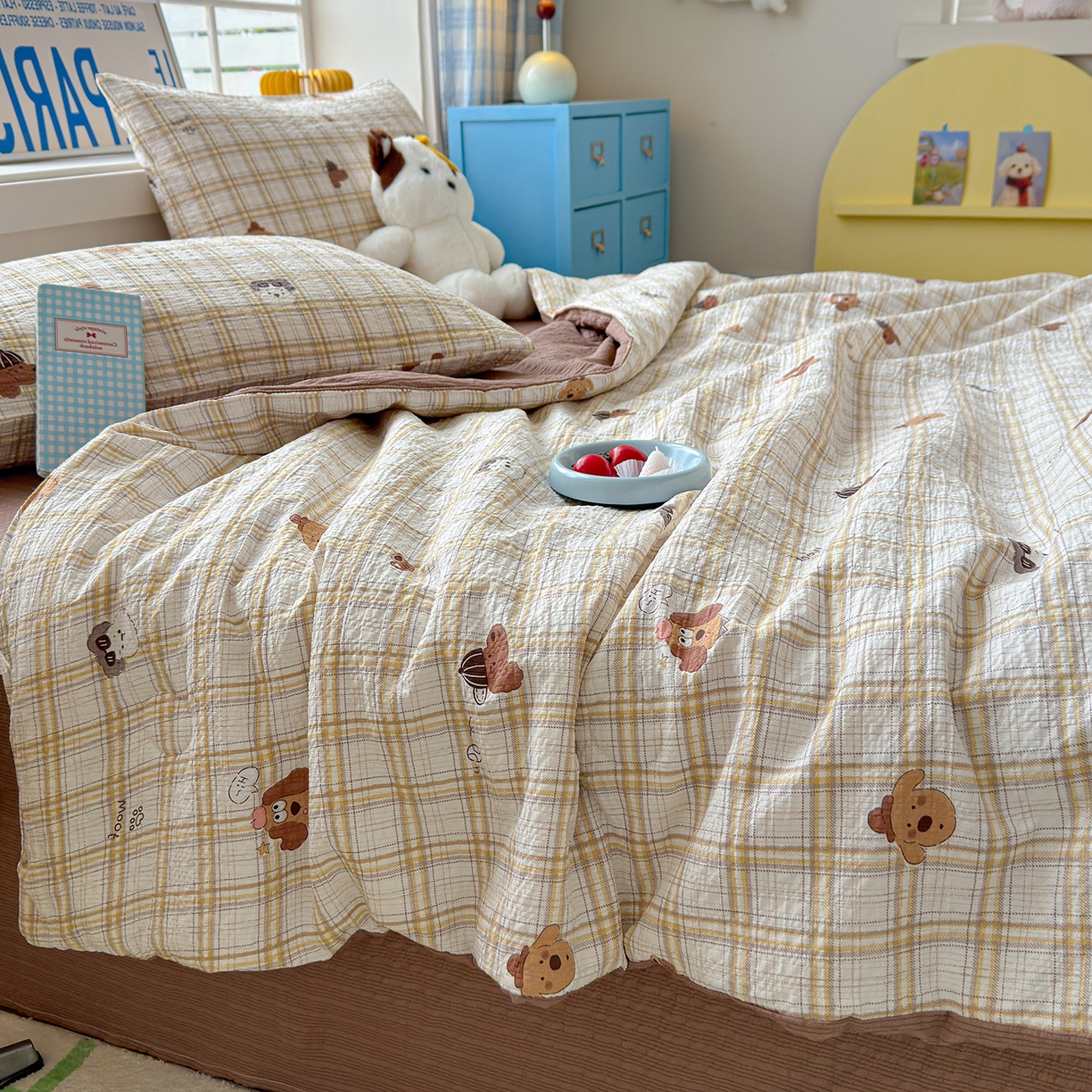 91家纺网 家纺一手货源 找家纺 晚爱 2026新款泡芙棉双层纱夏被四件套小清新泡泡纱夏被四件套 6格纹狗