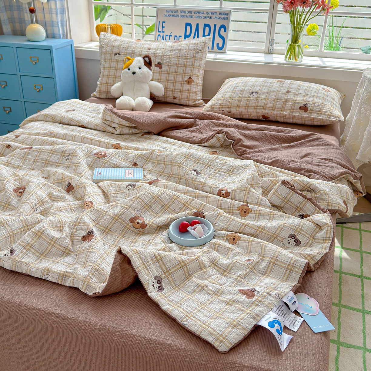 91家纺网 家纺一手货源 找家纺 晚爱 2026新款泡芙棉双层纱夏被四件套小清新泡泡纱夏被四件套 6格纹狗