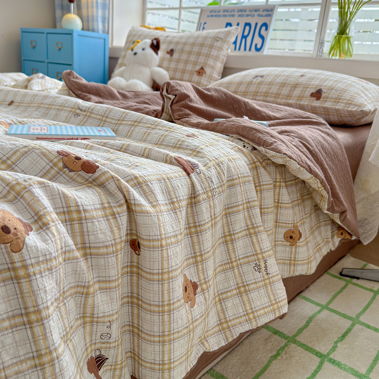 91家纺网 家纺一手货源 找家纺 晚爱 2026新款泡芙棉双层纱夏被四件套小清新泡泡纱夏被四件套 6格纹狗