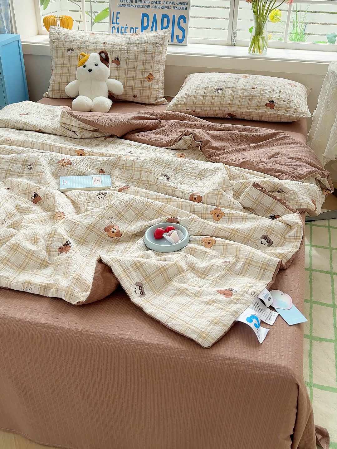 91家纺网 家纺一手货源 找家纺 晚爱 2026新款泡芙棉双层纱夏被四件套小清新泡泡纱夏被四件套 6格纹狗