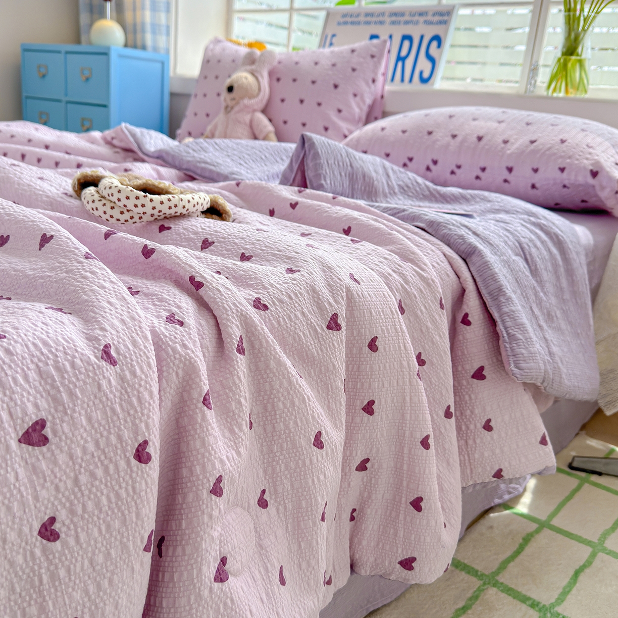 91家纺网 家纺一手货源 找家纺 晚爱 2026新款泡芙棉双层纱夏被四件套小清新泡泡纱夏被四件套 7芋泥波波