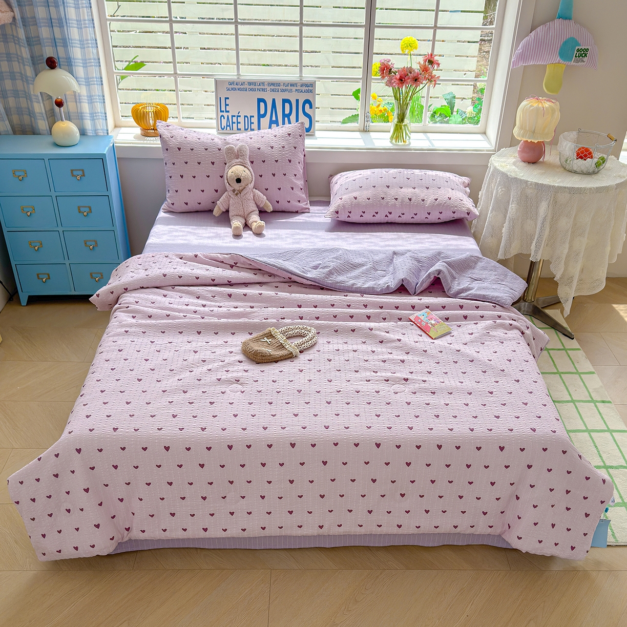 91家纺网 家纺一手货源 找家纺 晚爱 2026新款泡芙棉双层纱夏被四件套小清新泡泡纱夏被四件套 7芋泥波波